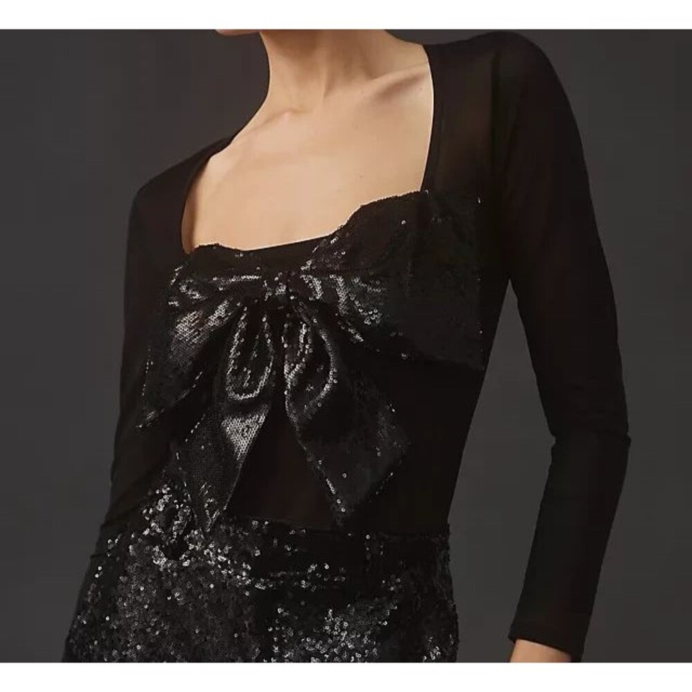 By Anthropologie Black Sequin Bow Sheer Bodysuit Size L